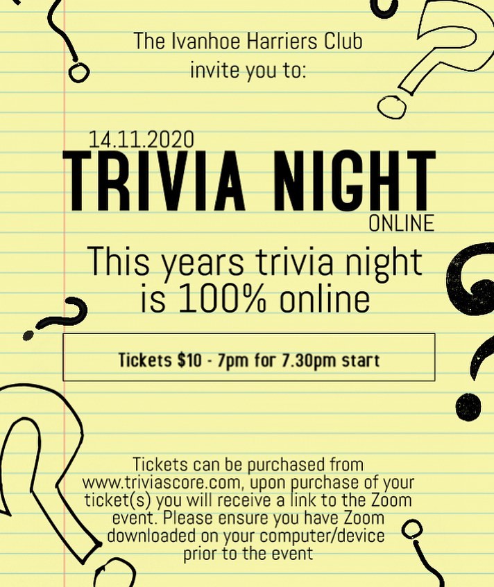 Flyer for Ivanhoe Harriers Trivia Night 2020